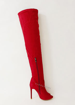 Faux Suede Peep Toe Heeled Over The Knee Boots - Red