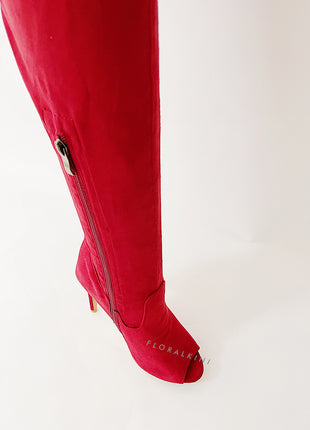 Faux Suede Peep Toe Heeled Over The Knee Boots - Red