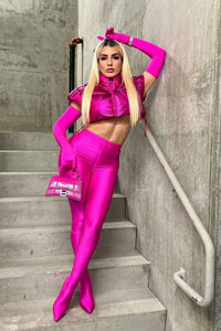 Faux Leather High-Waisted Pointed Toe Stiletto Heel Long Pant Boot - Hot Pink