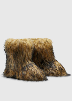Black Furry Faux Fur Mid Calf Bootie - Brown
