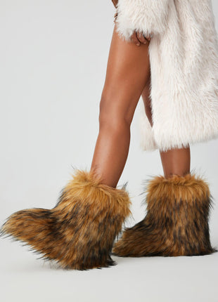 Black Furry Faux Fur Mid Calf Bootie - Brown