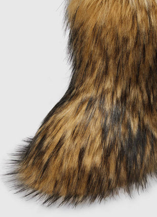 Black Furry Faux Fur Mid Calf Bootie - Brown