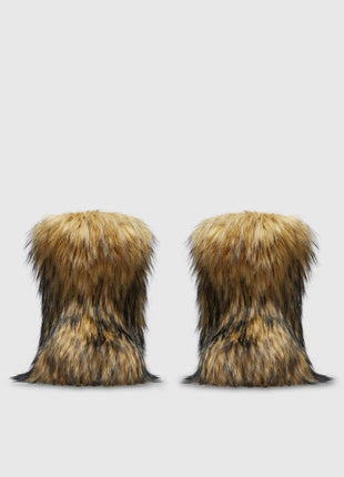 Black Furry Faux Fur Mid Calf Bootie - Brown