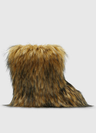 Black Furry Faux Fur Mid Calf Bootie - Brown