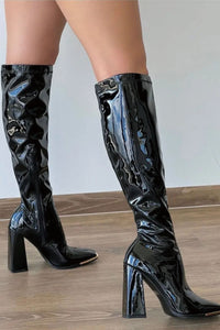 Black Patent Metal Toe Cap Knee High Heeled Boots