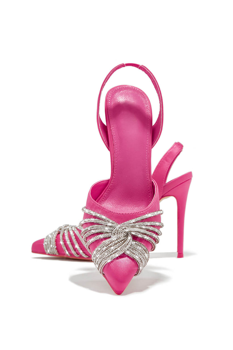 Holographic Crossover Diamante Pointed Toe Slingback Stiletto Pumps - Hot Pink