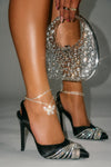 Holographic Crossover Diamante Pointed Toe Slingback Stiletto Pumps - Black