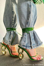 Lace Up Square Thong Toe Chain Heels - Green