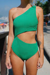 Green Jacquard Side Cut Out Asymmetrical One Piece Swimsuit
