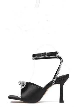 Diamante Bow Embellished Open Square Toe Heels - Black