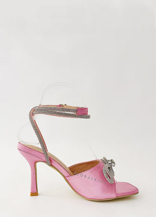 Diamante Bow Embellished Open Square Toe Heels - Pink