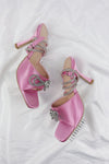 Diamante Bow Embellished Open Square Toe Heels - Pink