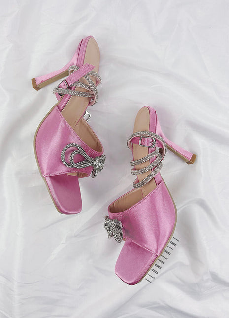 Diamante Bow Embellished Open Square Toe Heels - Pink