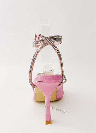 Diamante Bow Embellished Open Square Toe Heels - Pink