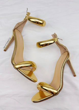 Faux Leather 'Bubble' Straps Pointed Toe Stiletto Heels - Gold