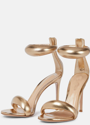 Faux Leather 'Bubble' Straps Pointed Toe Stiletto Heels - Gold