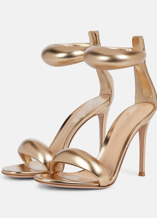 Faux Leather 'Bubble' Straps Pointed Toe Stiletto Heels - Gold