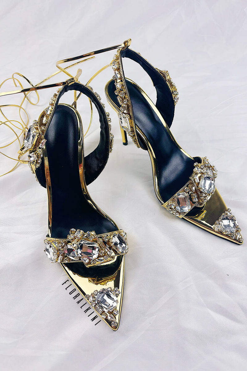 Metallic Crystal-Embellished Poiny Jewel Lace Up Stiletto Heeled Sandals - Gold