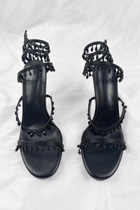 Crystal Chandelier Embellished Faux Satin Wraparound Self-Tie Slingback Sandals - Black