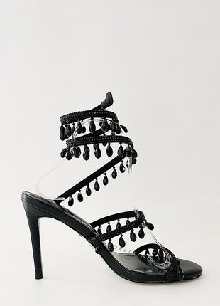 Crystal Chandelier Embellished Faux Satin Wraparound Self-Tie Slingback Sandals - Black