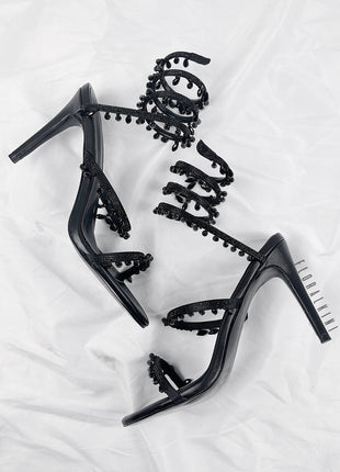 Crystal Chandelier Embellished Faux Satin Wraparound Self-Tie Slingback Sandals - Black