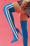 Striped Heeled Thigh High Sock Boots - Blue