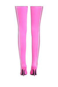 Striped Heeled Thigh High Sock Boots - Hot Pink