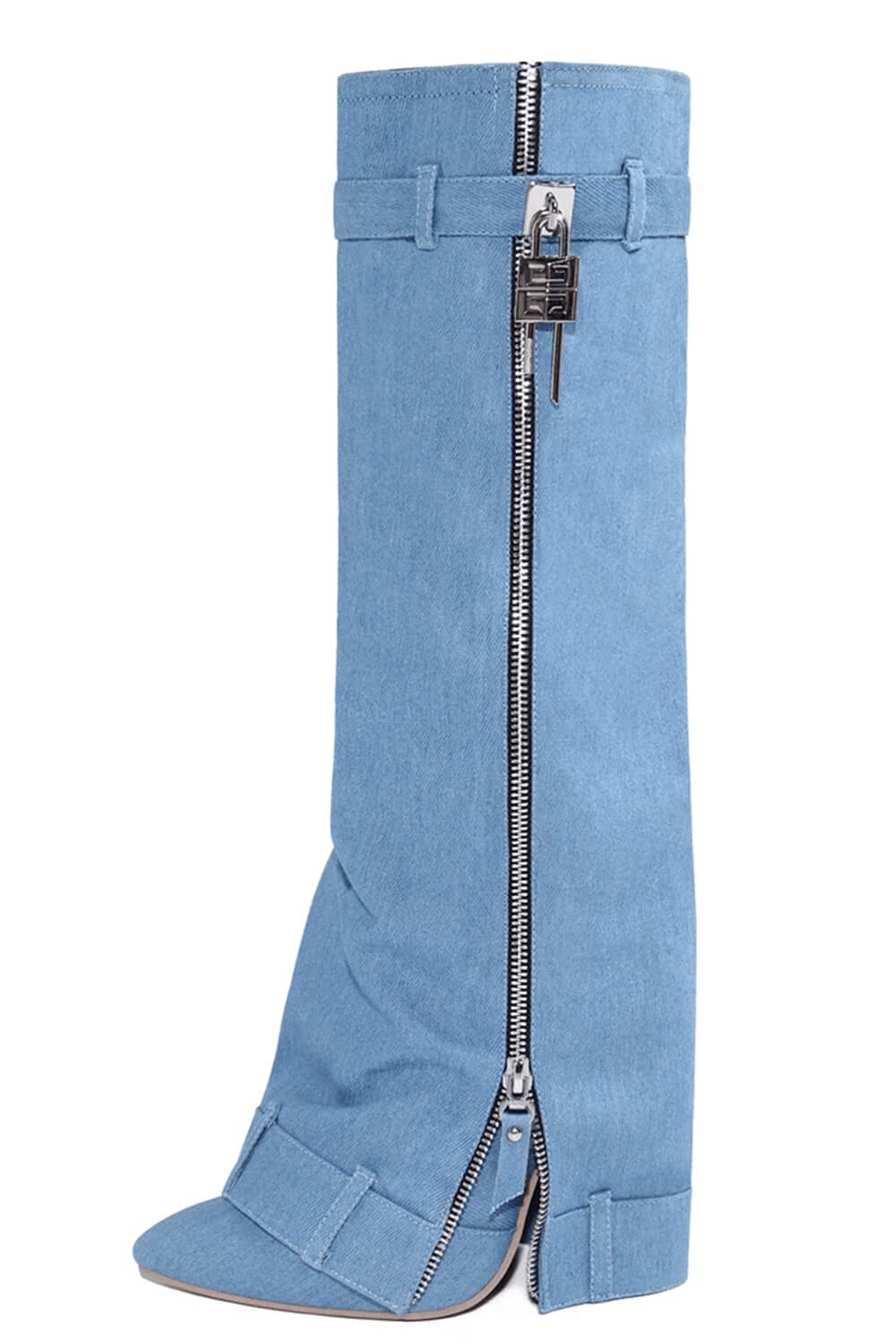 Wrapped Denim Padlock Detail Folded Pointed Stiletto Heel Knee High Long Chunky Biker Boots - Light Blue