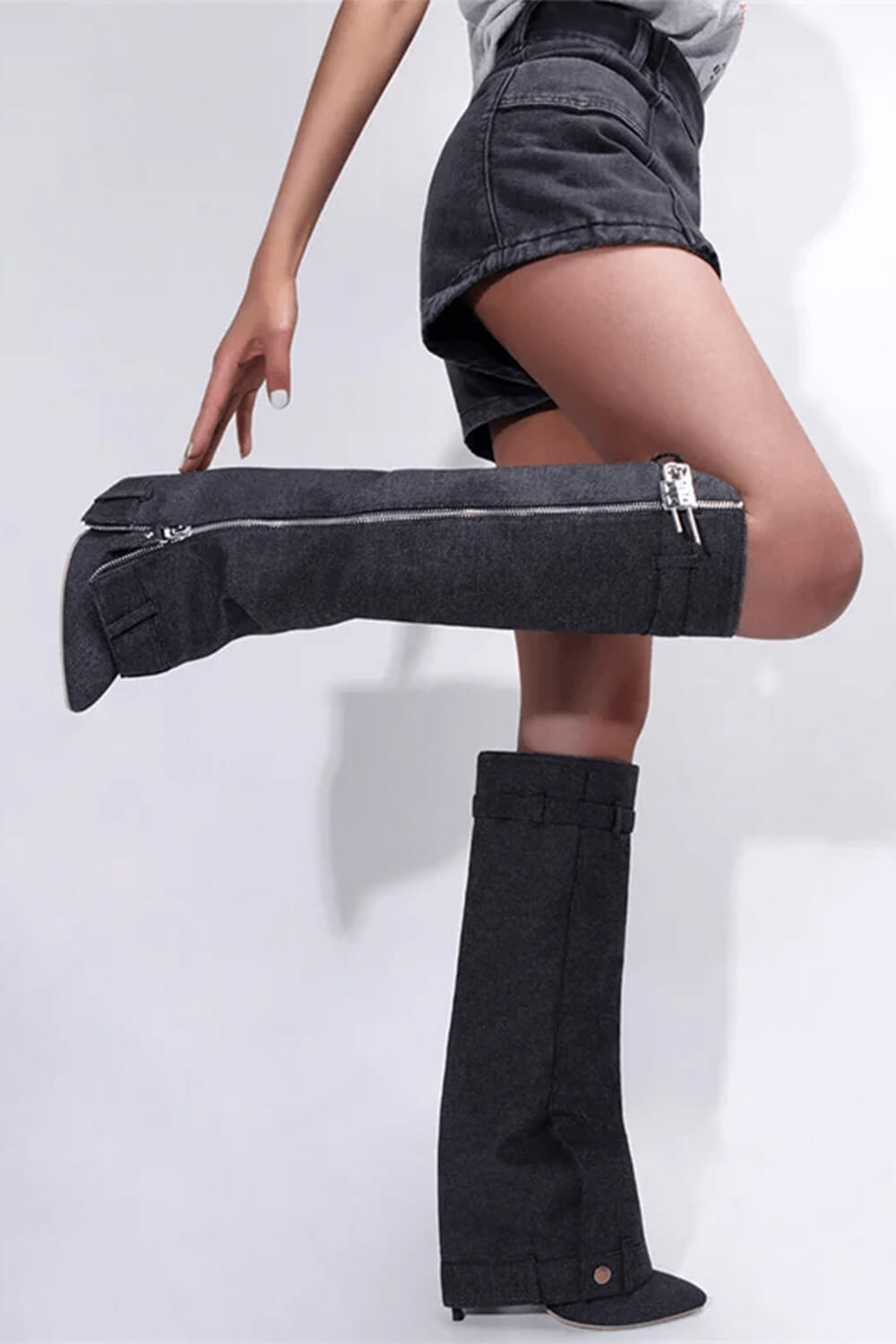 Wrapped Denim Padlock Detail Folded Pointed Stiletto Heel Knee High Long Chunky Biker Boots - Black