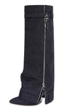 Wrapped Denim Padlock Detail Folded Pointed Stiletto Heel Knee High Long Chunky Biker Boots - Black
