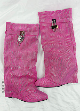 Gem Embellished Diamante Padlock Detail Folded Biker Knee High Boots - Pink