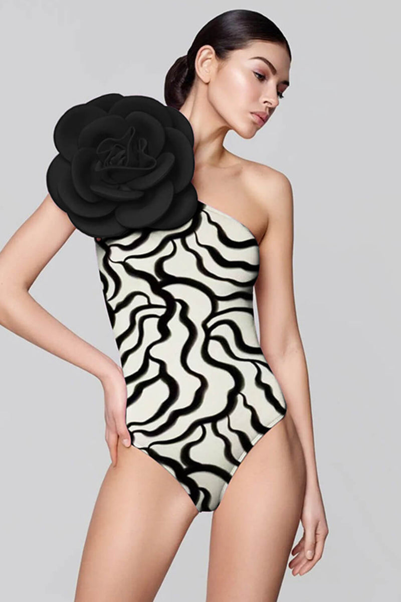 3D Flower Zebra Printed One-Shoulder One-Piece Swimsuit