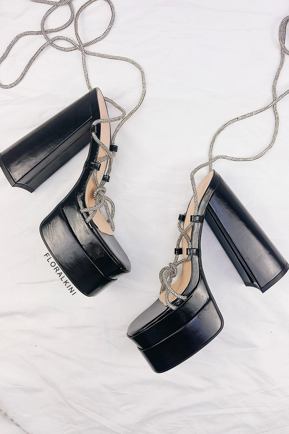 Diamante Lace Up Square Toe Block Double Platform High Heels