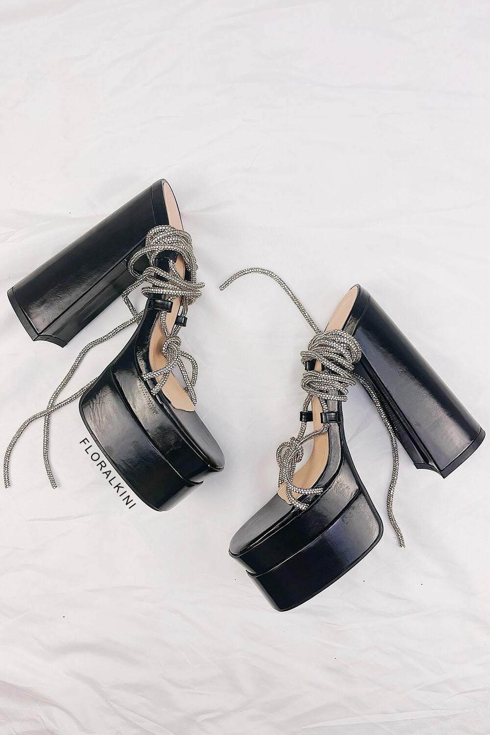 Diamante Lace Up Square Toe Block Double Platform High Heels