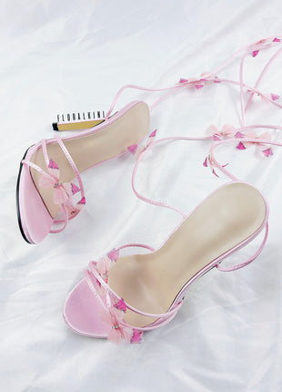 Butterfly Lace Up Open Toe High Stiletto Heels - Pink
