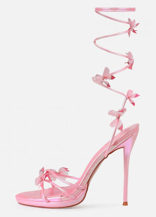Butterfly Lace Up Open Toe High Stiletto Heels - Pink