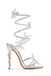 Crystal-Embellished Butterfly Snake Ankle Wrap Stiletto Sandals