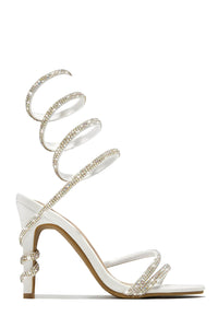 Faux Suede Diamante Ankle Wrap Open Toe High Heel Sandals - White