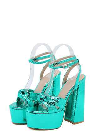 Metallic Bow Detail Statement Platform Block Heel - Turquoise