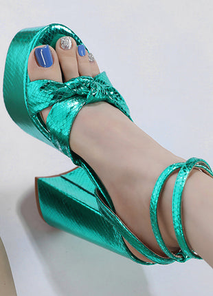 Metallic Bow Detail Statement Platform Block Heel - Turquoise