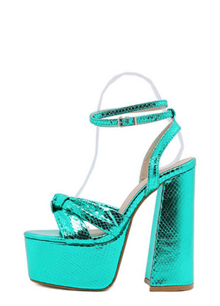 Metallic Bow Detail Statement Platform Block Heel - Turquoise