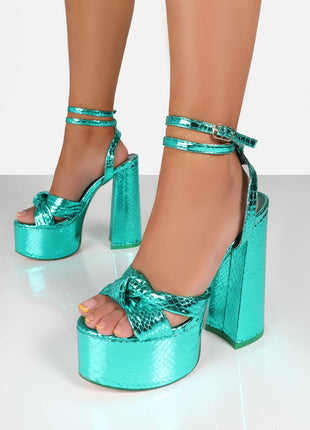 Metallic Bow Detail Statement Platform Block Heel - Turquoise