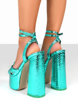 Metallic Bow Detail Statement Platform Block Heel - Turquoise