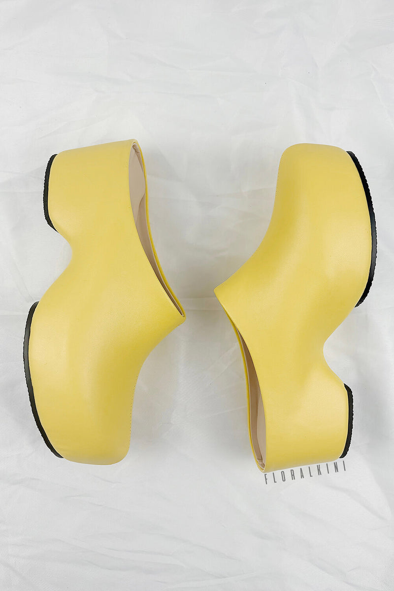 Faux Leather Sling Back Slip On Curved Platform Clogs - Yellow