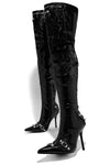 Pointed Toe Over-The-Knee Stiletto Boots With Studs And Pin Buckle Strap Details - Black