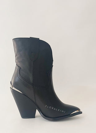 Faux Leather Cowboy Pointed Toe Block Heeled Ankle Boots - Black