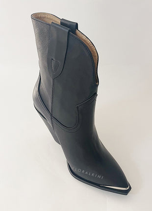 Faux Leather Cowboy Pointed Toe Block Heeled Ankle Boots - Black