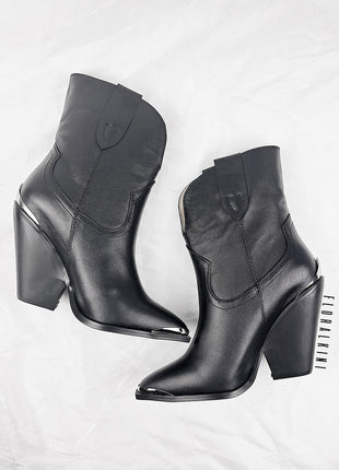 Faux Leather Cowboy Pointed Toe Block Heeled Ankle Boots - Black