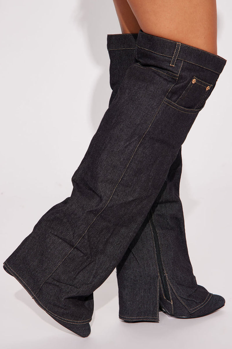 Denim Folded Pointed Toe Block Heel Over The Knee Pocket Boots - Black