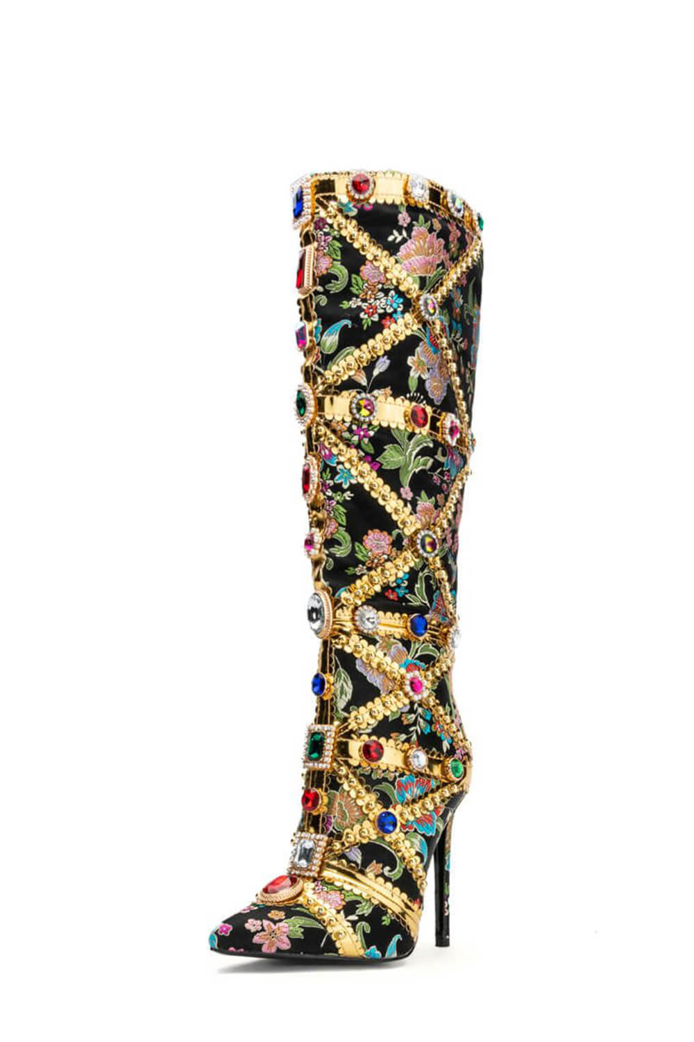 Floral Satin Gemstone-Embellished Pointed Toe Knee High Stiletto Boots - Black